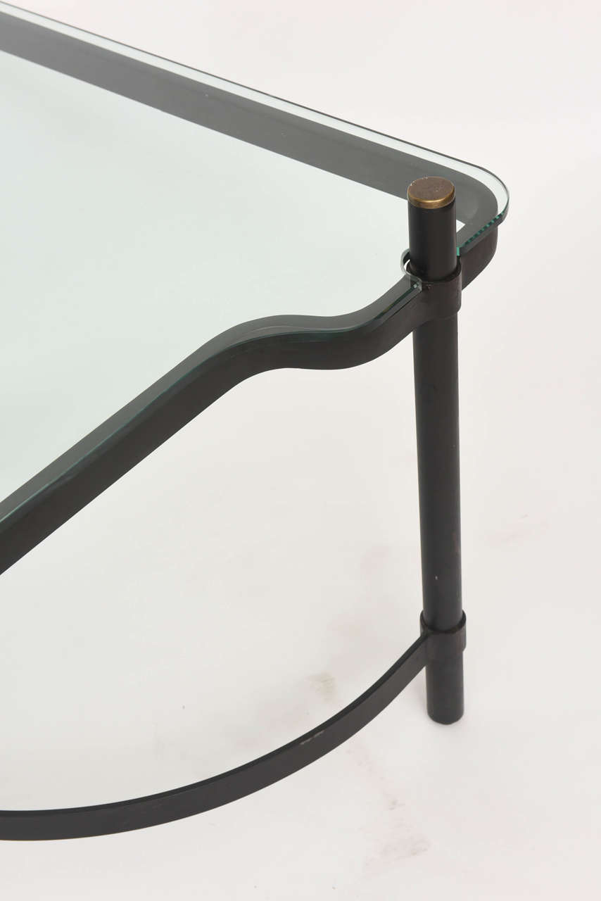 Mid-Century Modern French Modern Iron, Brass and Glass Low Table, Jacques Adnet For Sale