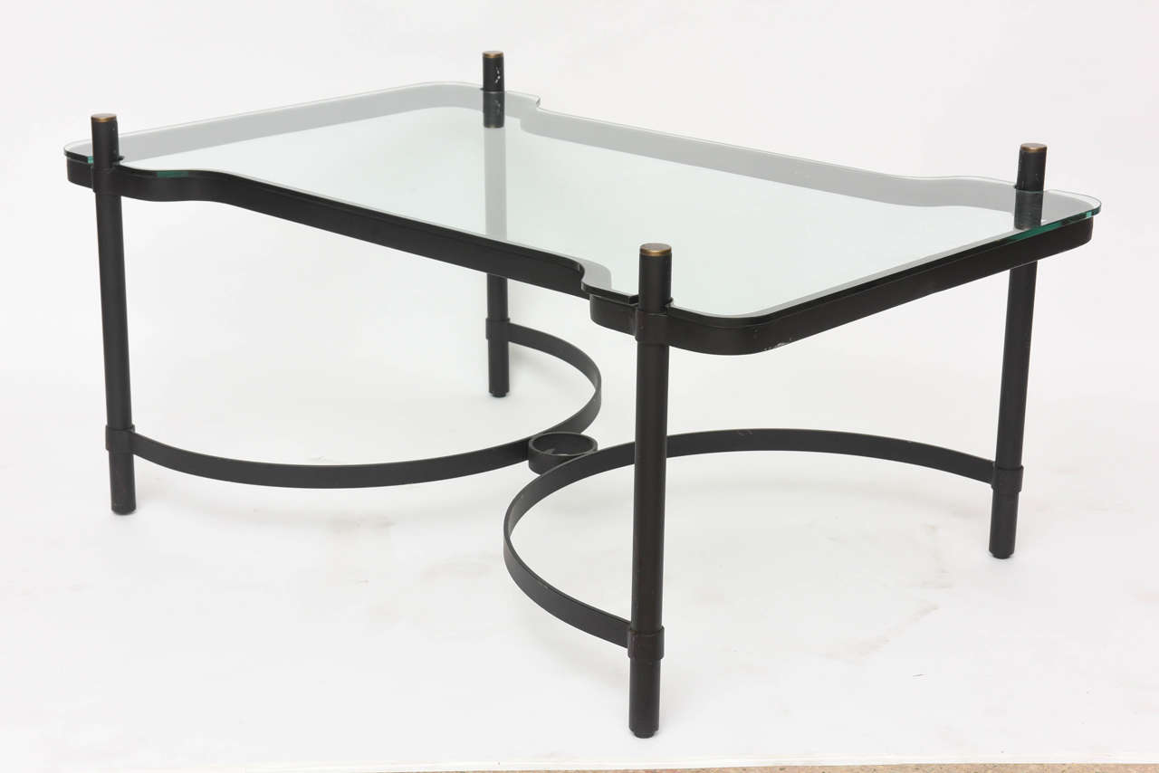 French Modern Iron, Brass and Glass Low Table, Jacques Adnet For Sale 2