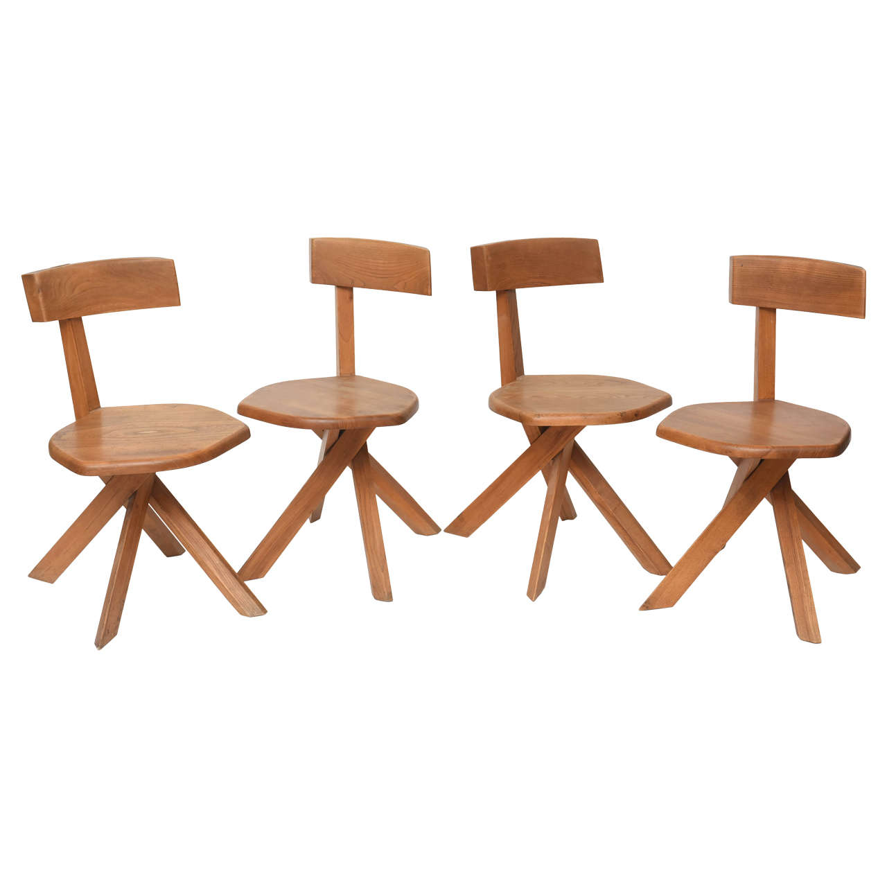 Set of Four Unusual French Modern Oak Chairs, Pierre Chapo