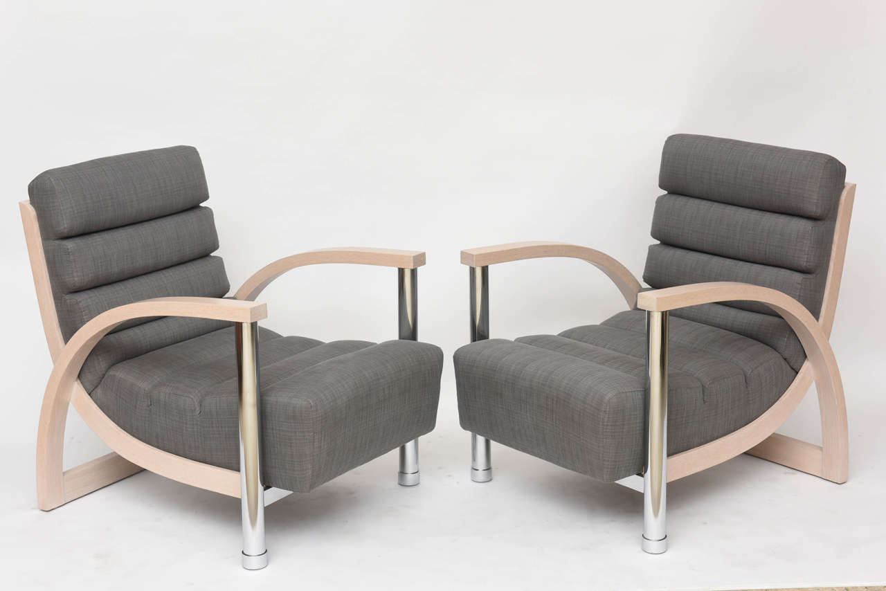 Pair of American Modern Cerused Oak and Chrome Eclipse Chairs, Jay Spectre In Excellent Condition In Hollywood, FL
