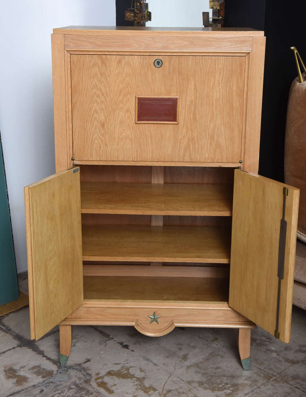 Mid-20th Century French Modern Cerused Oak, Leather, Bronze Mounted Bar Cabinet