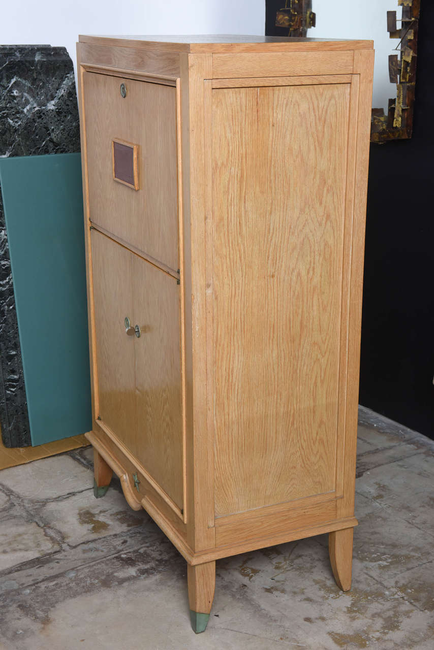 French Modern Cerused Oak, Leather, Bronze Mounted Bar Cabinet 3