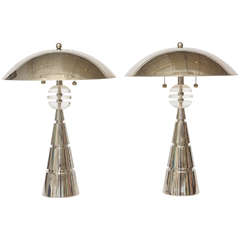 Pair of Art Deco Polished Nickel and Lucite Lamps, manner of Donald Deskey