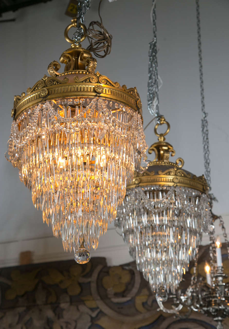 Pair of Bronze and Crystal Drop Chandeliers 2