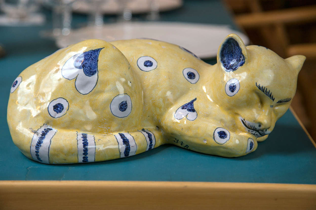 Emile Galle Yellow & Blue Reclining Cat