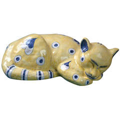 Emile Galle Yellow & Blue Reclining Cat