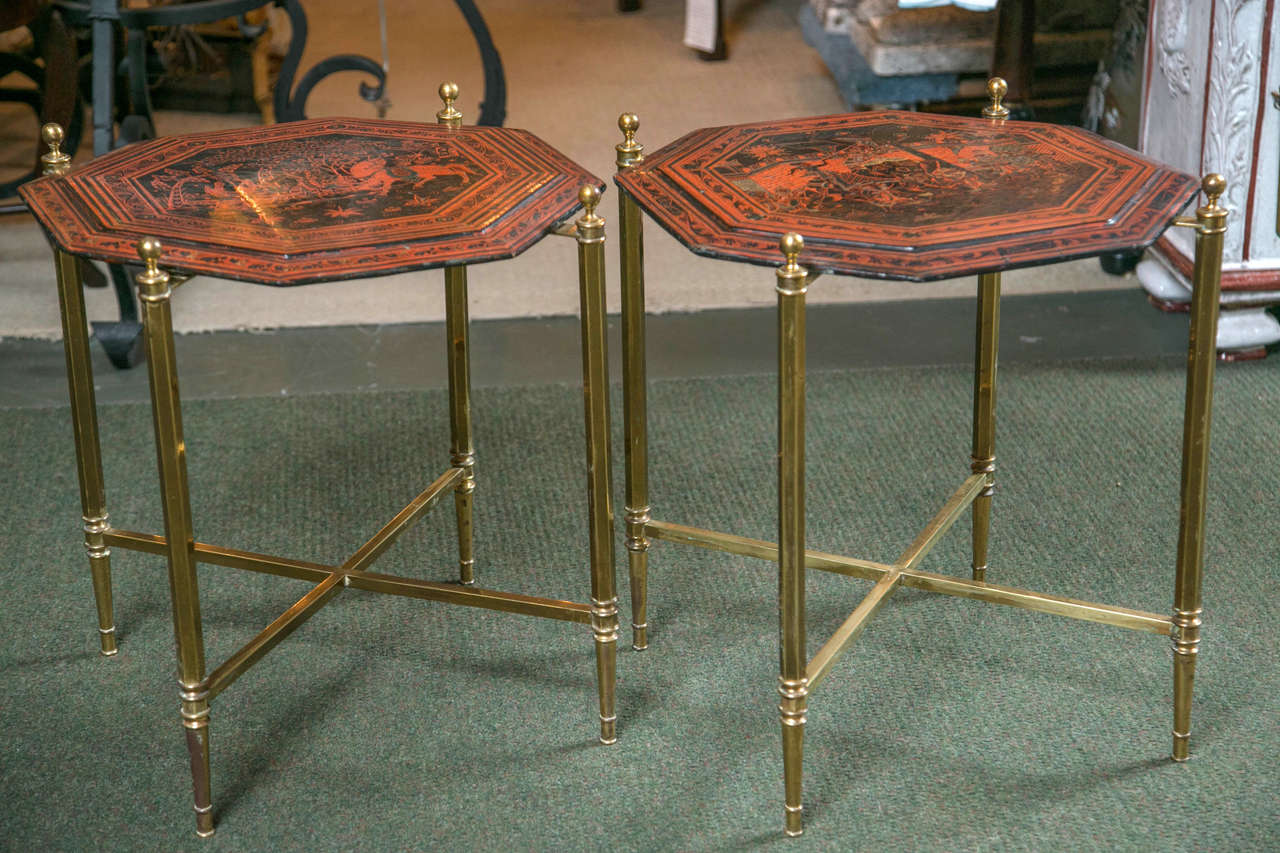 A wonderful pair of mandarin orange Indonesian tops above a pair of brass bases, possibly Jansen.