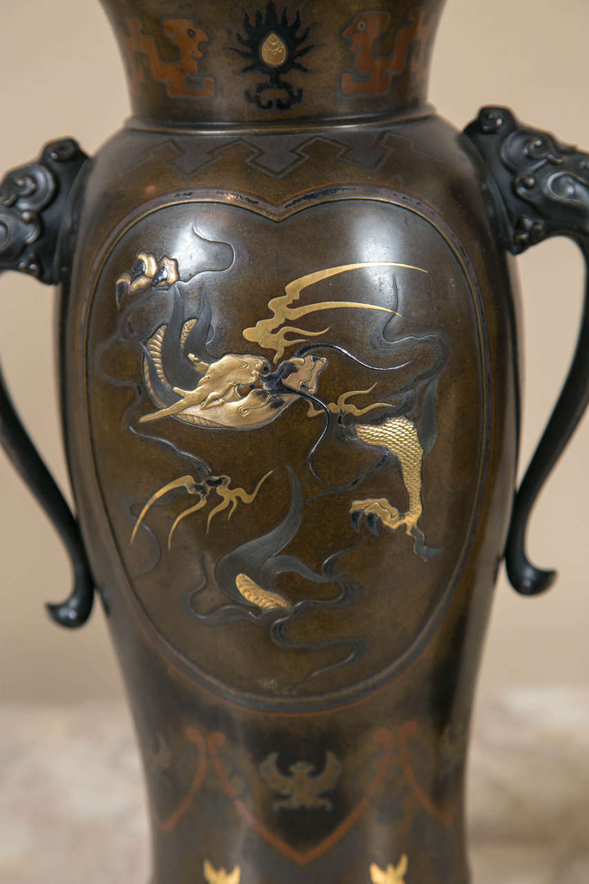 Pair of 19th Century Japanese Meiji Period Bronze Vases 2