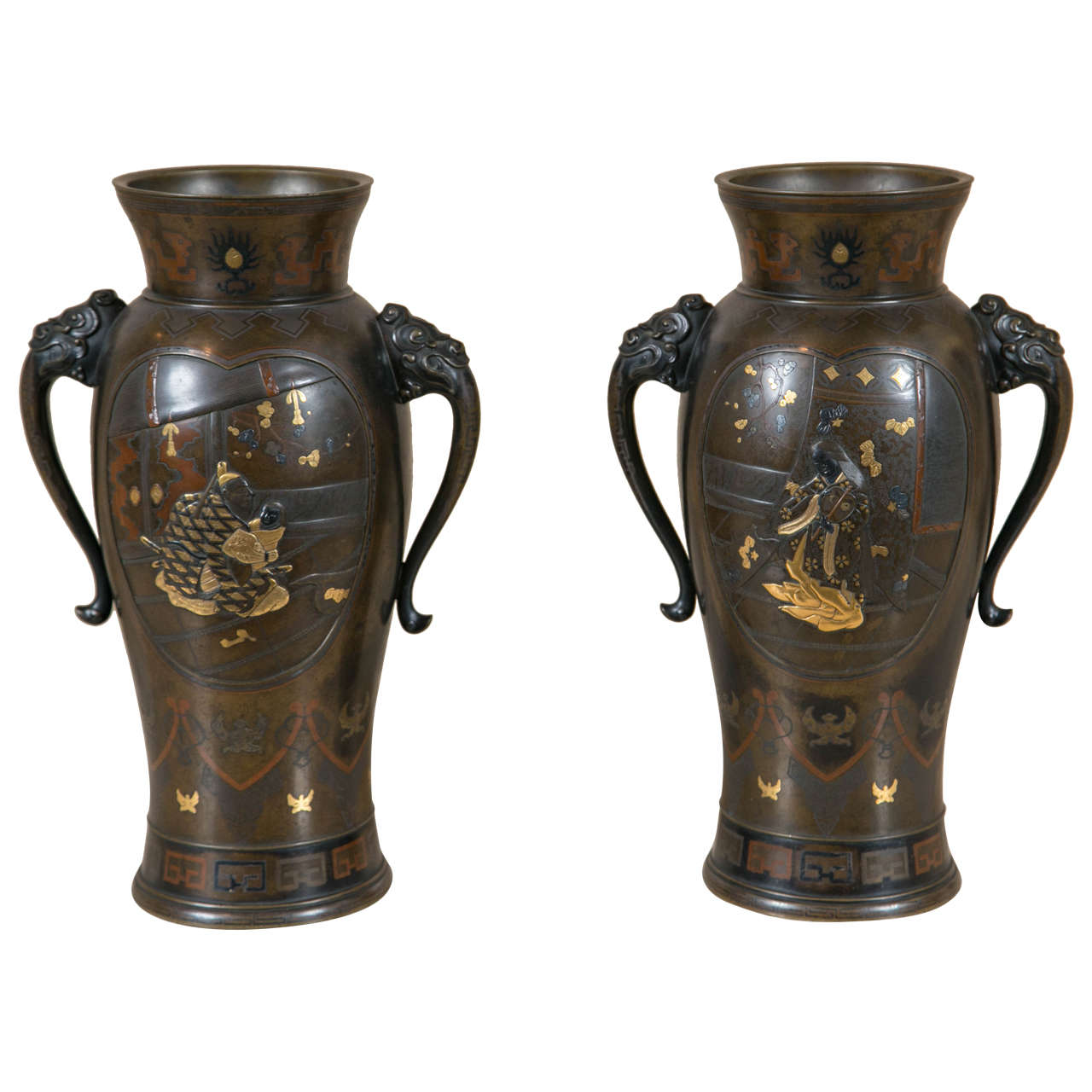 Pair of 19th Century Japanese Meiji Period Bronze Vases