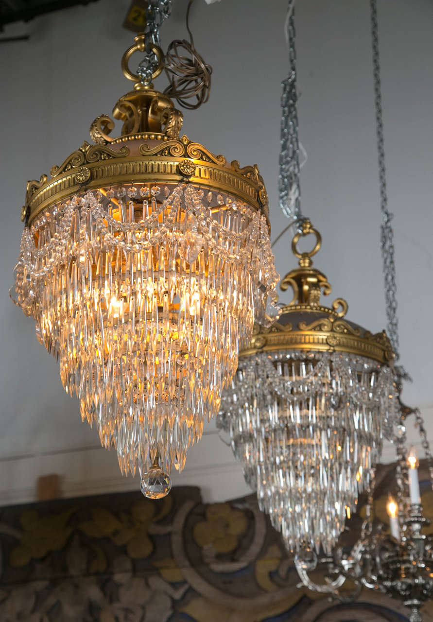 Pair of Bronze and Crystal Drop Chandeliers at 1stDibs