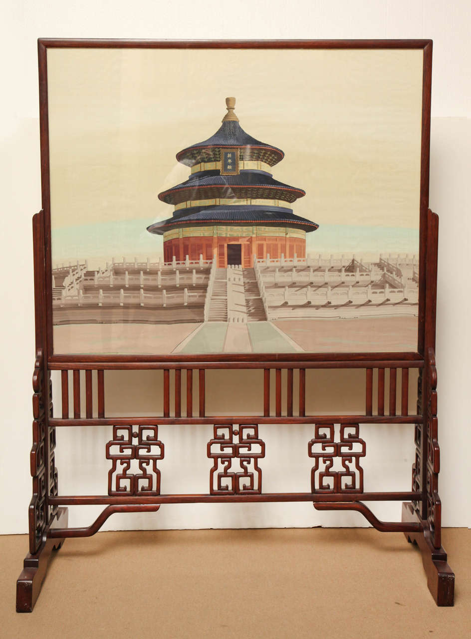 Chinese Two Sided Silkwork Screen of the Temple of Heaven.
The Framed Image Can be Removed from the Stand