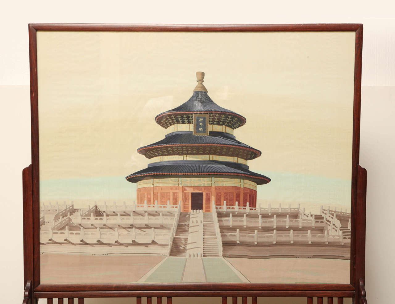 20th Century Chinese Two-Sided Silkwork Screen of the Temple of Heaven