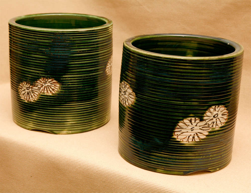 Pair of Japanese Oribe ware Hibachis. Taisho period