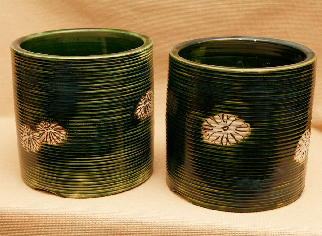 Ceramic Pair of Japanese Oribe ware Hibachis
