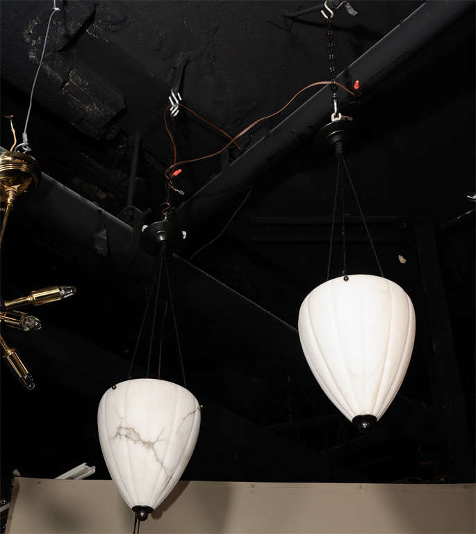 Pair of Vintage French Alabaster Cone Pendant Lights