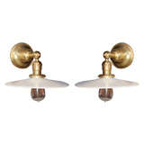 Pair of Vintage Brass Wall Lamps with Milk Glass Disk Shades