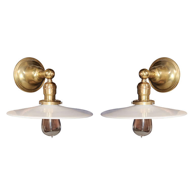 Pair of Vintage Brass Wall Lamps with Milk Glass Disk Shades