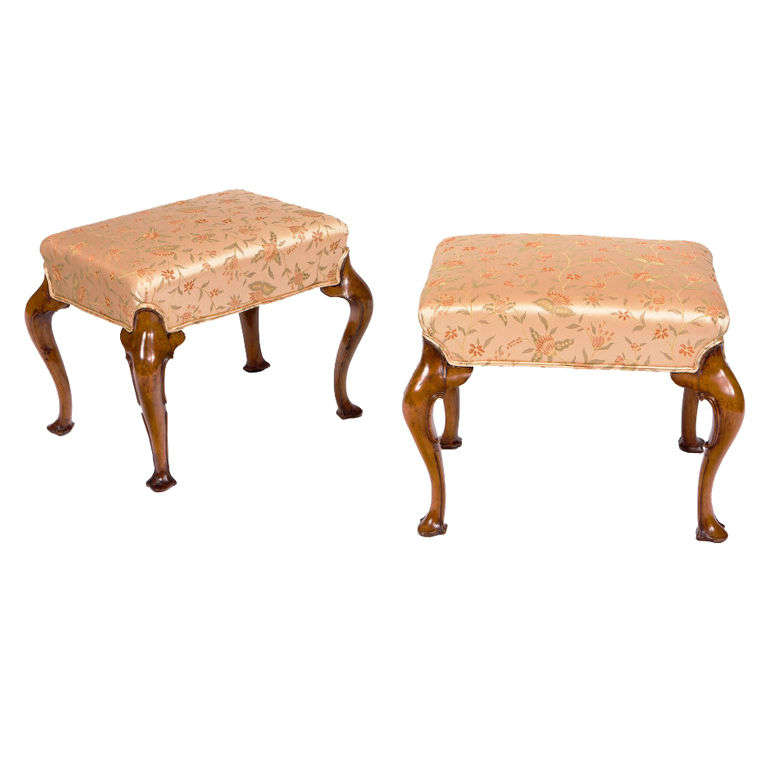 Pair of 19th Century Walnut Stools with Cabriole Legs and Trifid Feet