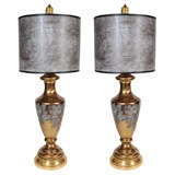 Pair of Floral Motif Gilt Porcelain Lamps by Marbro