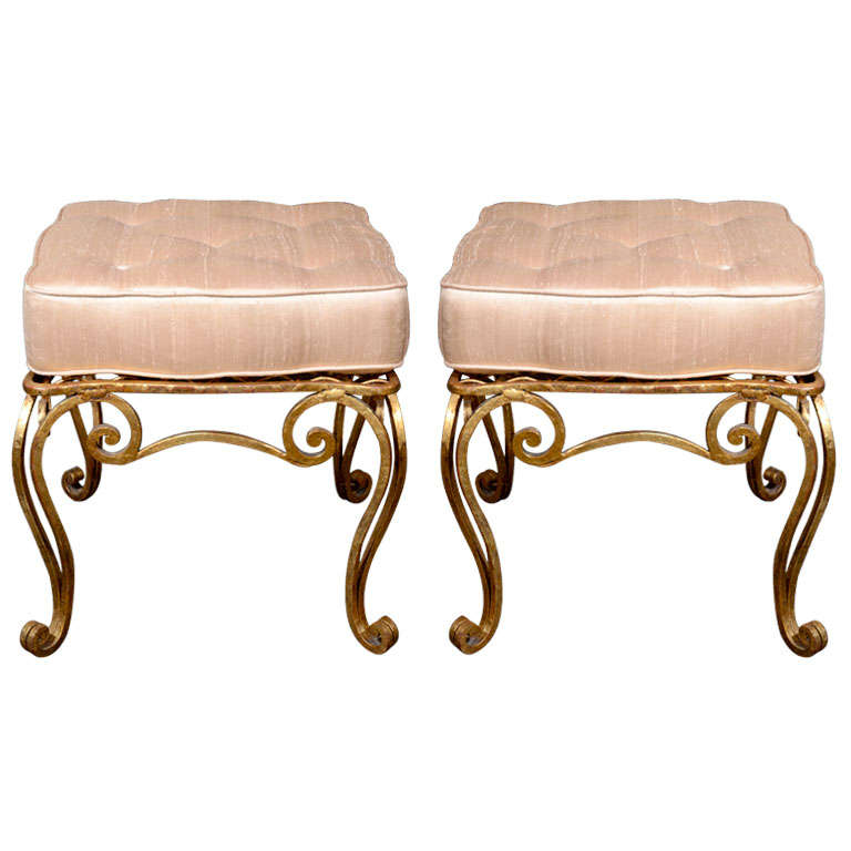Gilded Iron Stools with Upholstered Cushions, French 1940s