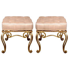 Gilded Iron Stools with Upholstered Cushions, French 1940s