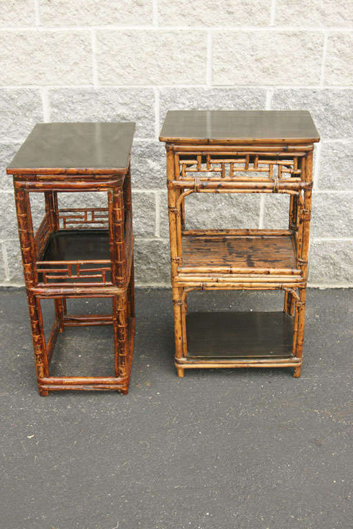 Late 19th century Q'ing Dynasty Beijing bamboo plant stand/incense table with lower shelf (one available, darker finish on left.)