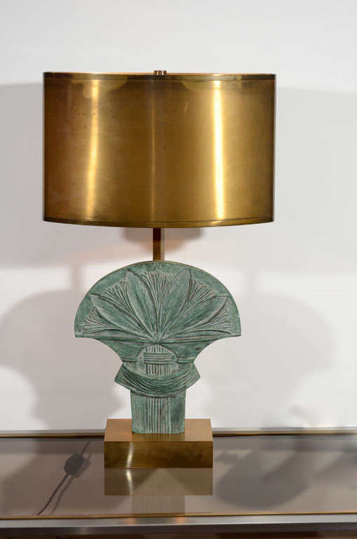 Brass Lamp by Christiane Charles for Maison Charles <br />
Green patinated metal sheaf of wheat on rectangular brass base.<br />
Original oblong brass shade crimped on each end.
