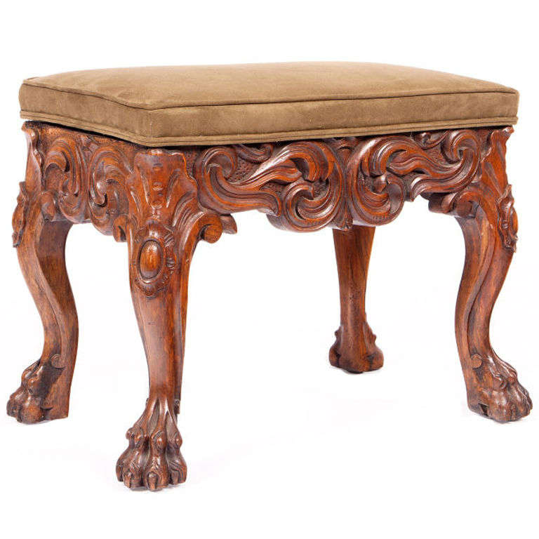 19th Century Heavily Carved Mahogany Stool on Paw Feet For Sale