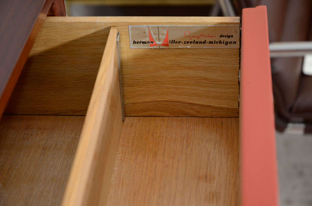 20th Century George Nelson walnut dresser with red font and cupcake pulls