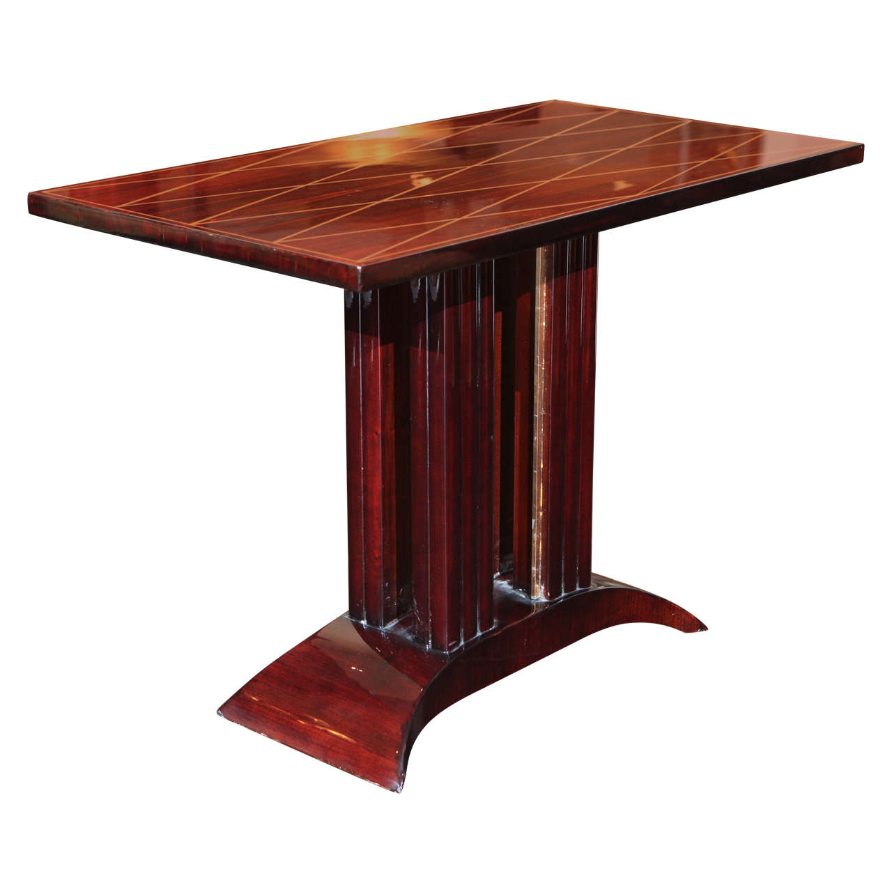 Side table in brazilian rosewood with gold leaf marquetry on surface. Dark Palisander fluted legs and base with gold leaf detailing.