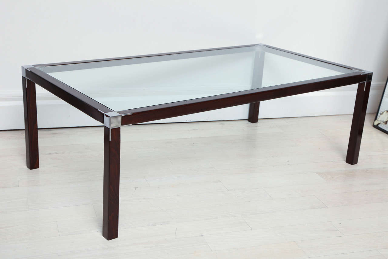 Stained beech and nickel plated brass coffee table with smoked glass top