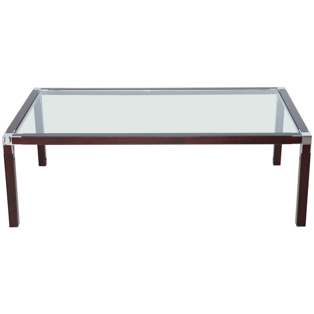 Mid-Century Modern Beech Wood and Nickel Coffee Table with Smoked Glass Top