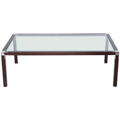 Mid-Century Modern Beech Wood and Nickel Coffee Table with Smoked Glass Top