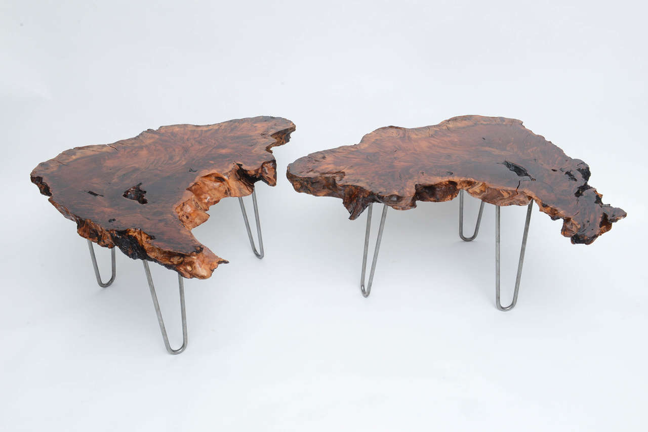 Gorgeous pair of vintage Redwood tables by Tom Joule.  Can be used as end table, nightstands, side tables or together as a coffee table.  USA, 2013.