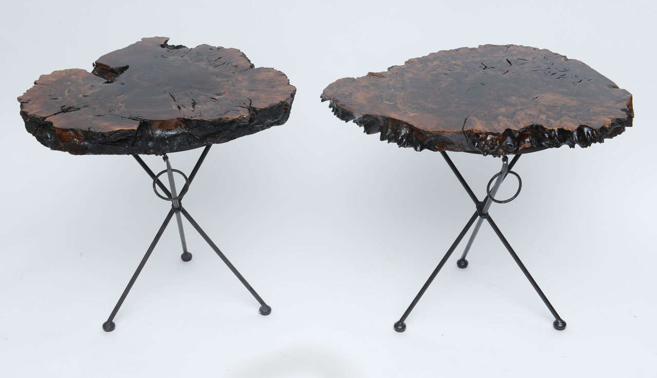 Gorgeous pair of matching hand crafted folding end tables in Claro Walnut and iron by  Miami artist Tom Joule.  USA, 2013.