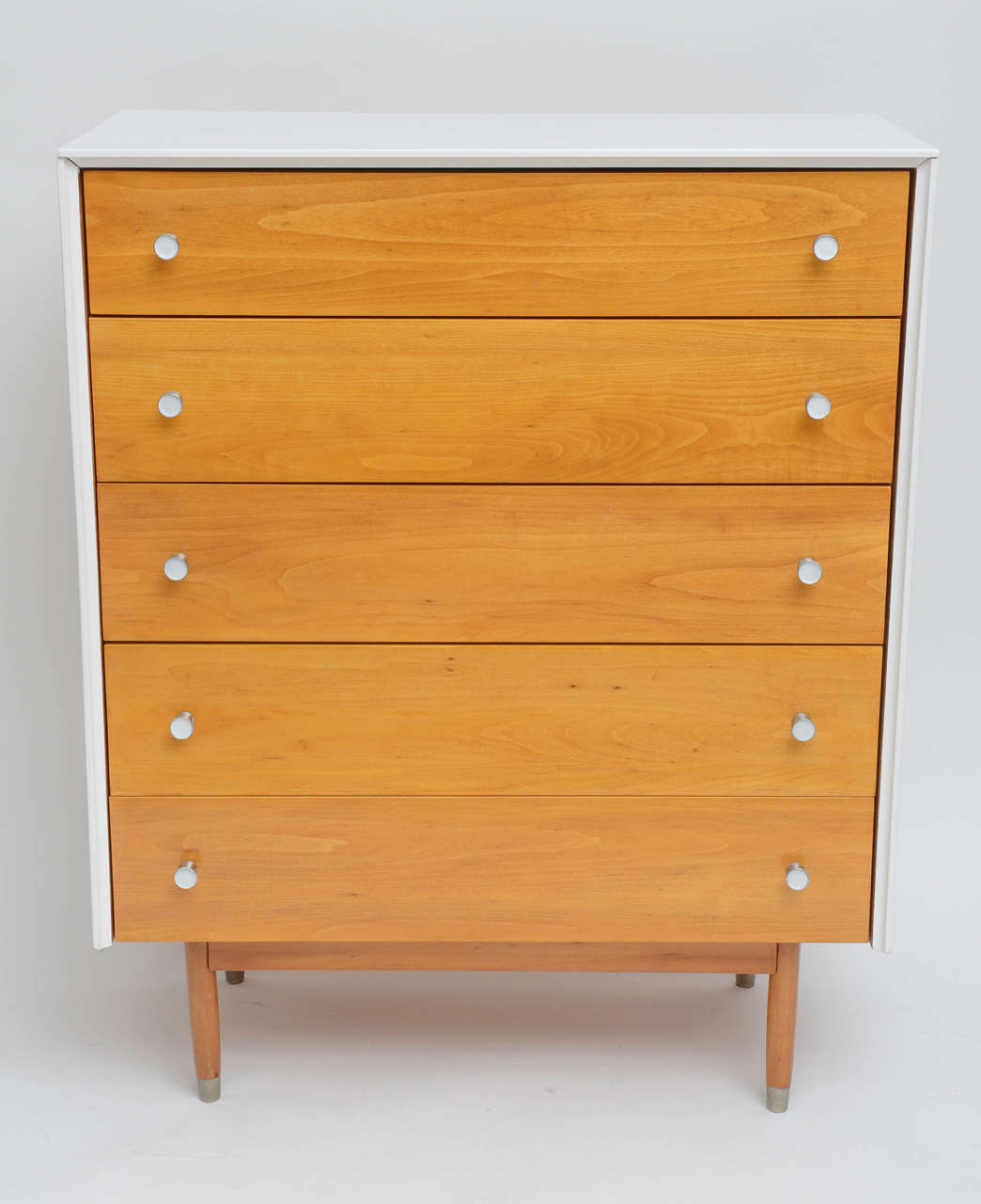 Beautifully restored, custom designed highboy in Maple and White Lacquer.  Hand crafted in Michigan by Kroury.  USA, 1950s