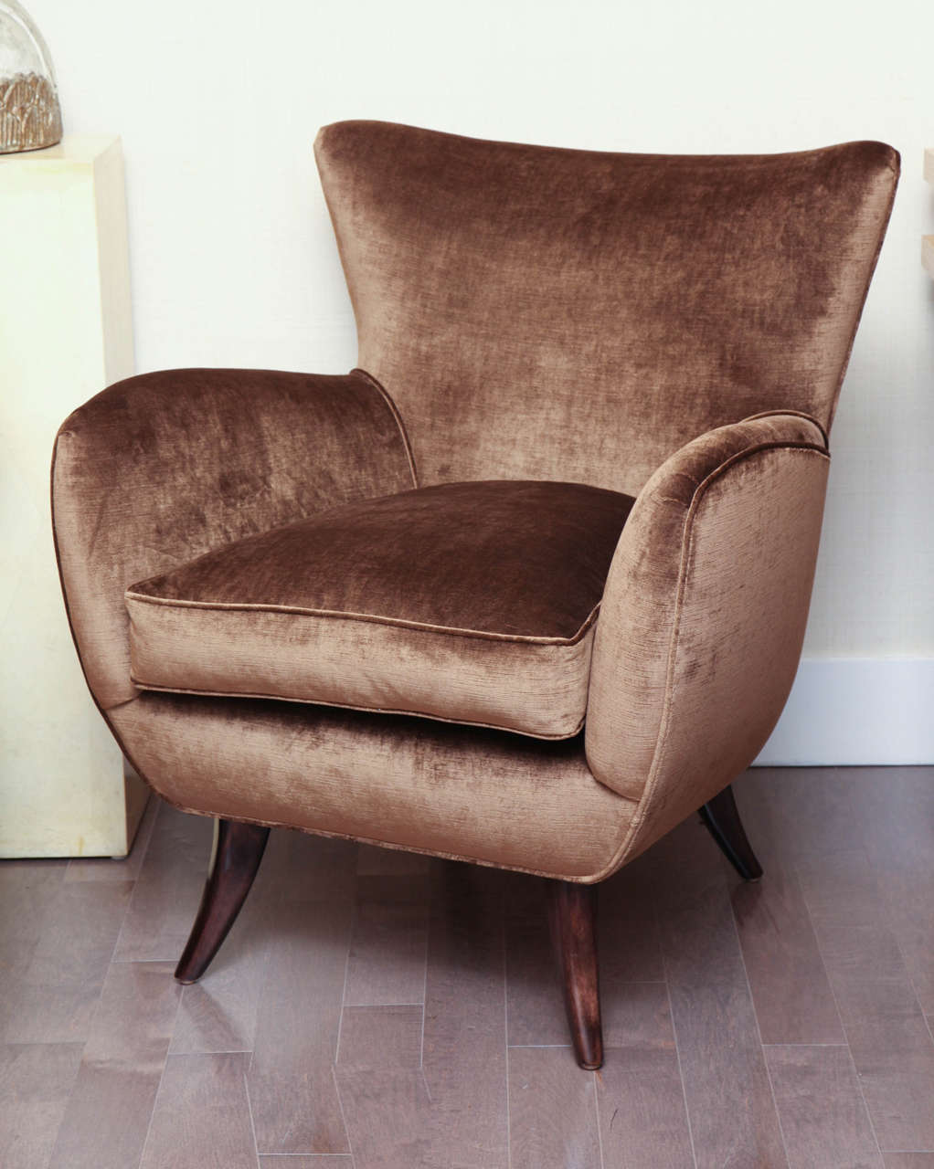 Pair of arm chairs upholstered in a rich copper-brown velvet fabric by Ernst Schwadron c. 1940