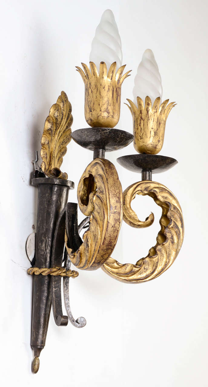 Important Pair of Wall Sconces, circa 1945, by Gilbert Poillerat 2