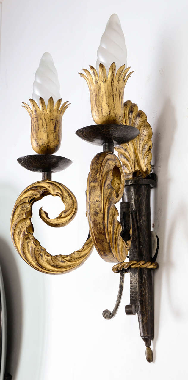 Important Pair of Wall Sconces, circa 1945, by Gilbert Poillerat 3