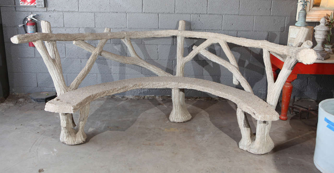 French faux bois curved cement bench.