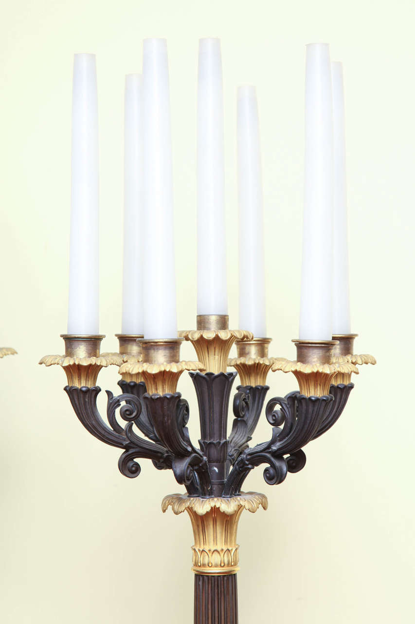 Gilt Pair of Large Regency Seven-Light Candelabra Lamps, circa 1820 For Sale