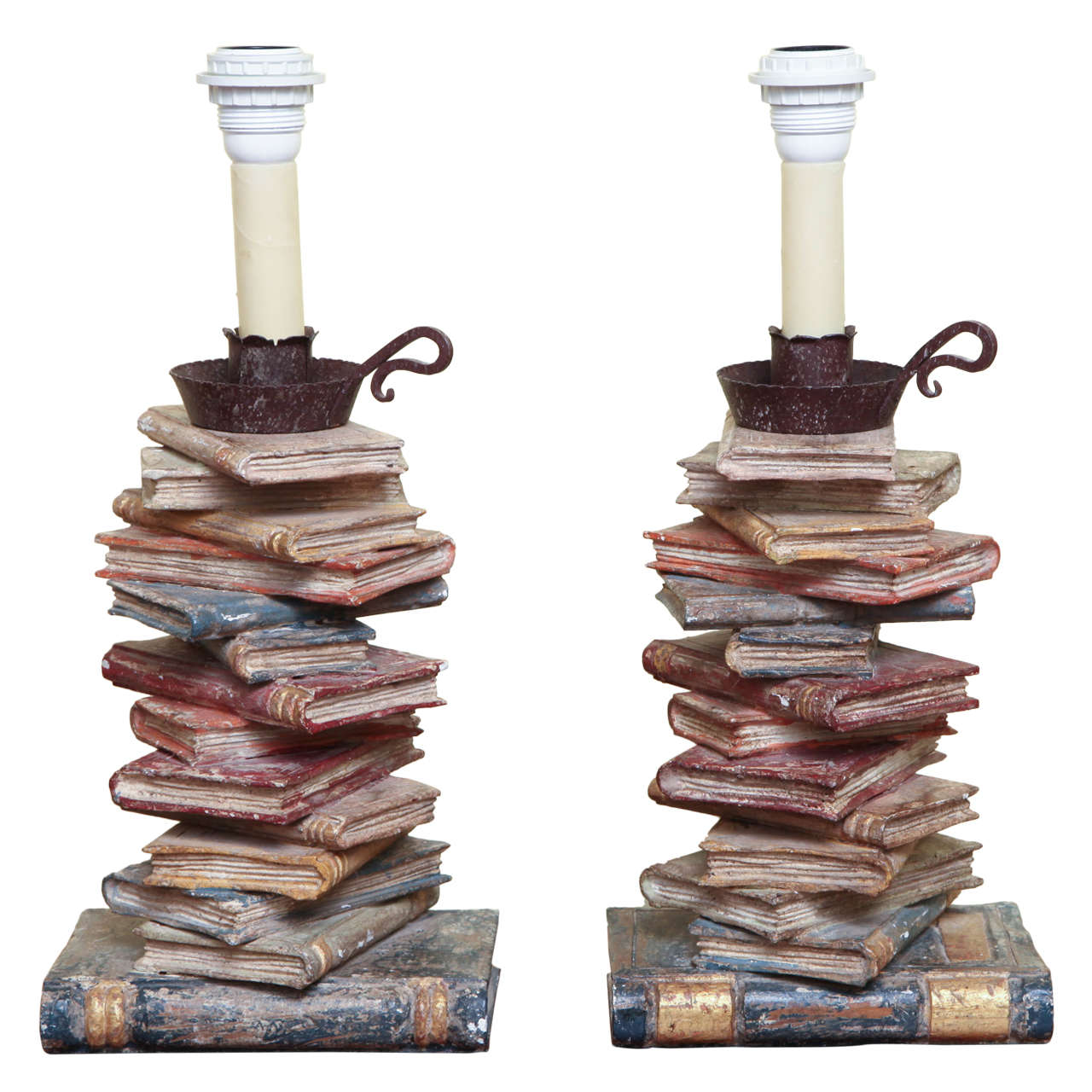 Pair of Carved Wood and Iron Book Form Candlesticks Lamps, Italian, circa 1920 For Sale