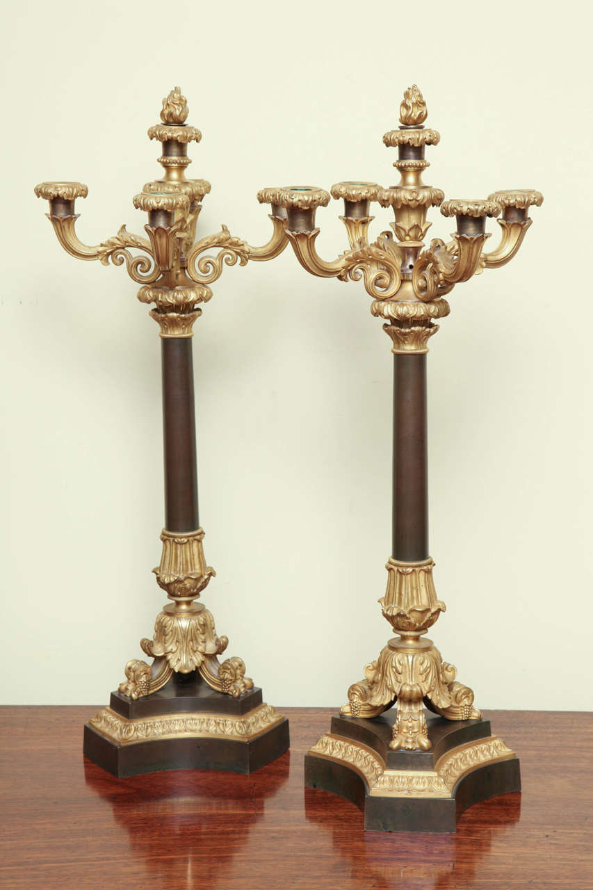 Gilt Pair of Louis Philippe Ormolu and Bronze Candelabra, French, circa 1830 For Sale