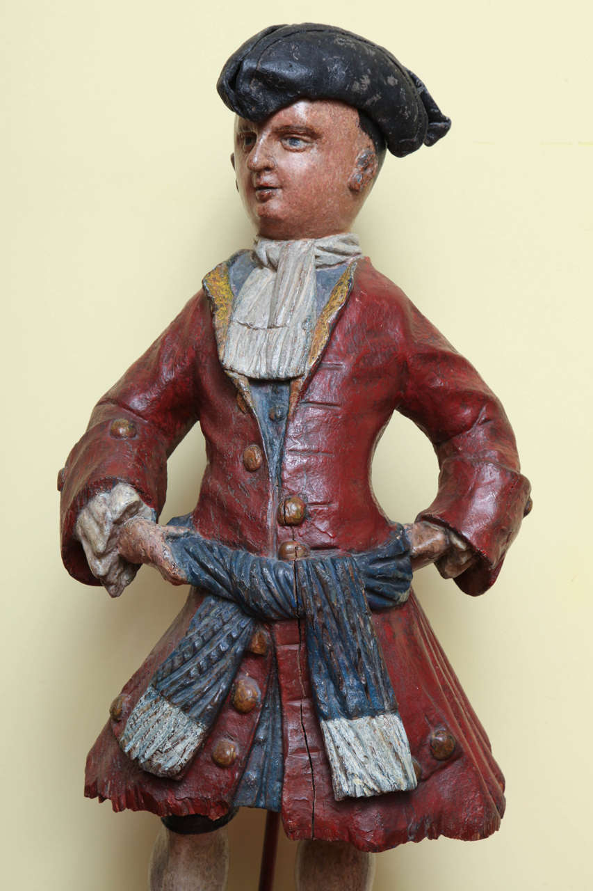 British George III Shop Sign Polychrome Carving, Well Dressed Man, English, circa 1765 For Sale
