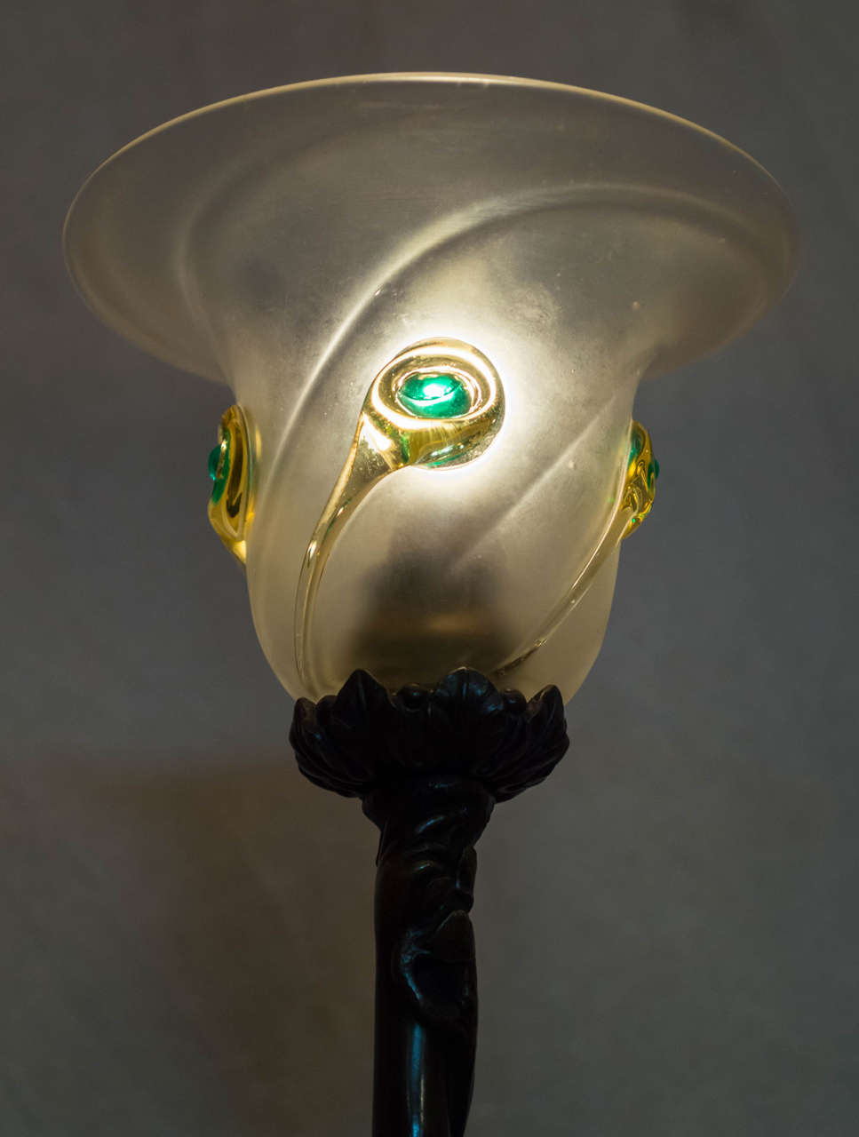 Art Nouveau Bronze Figural Lamp of a Young Maiden with Art Glass Shade 3