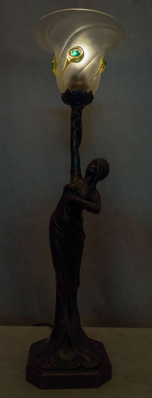 Art Nouveau Bronze Figural Lamp of a Young Maiden with Art Glass Shade 4