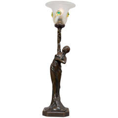 Art Nouveau Bronze Figural Lamp of a Young Maiden with Art Glass Shade