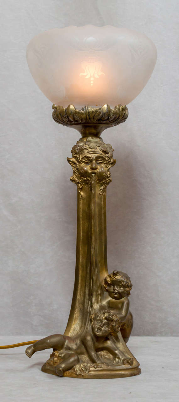 Gilt Whimsical French Art Nouveau Figural Lamp with Children, Louchet Foundry