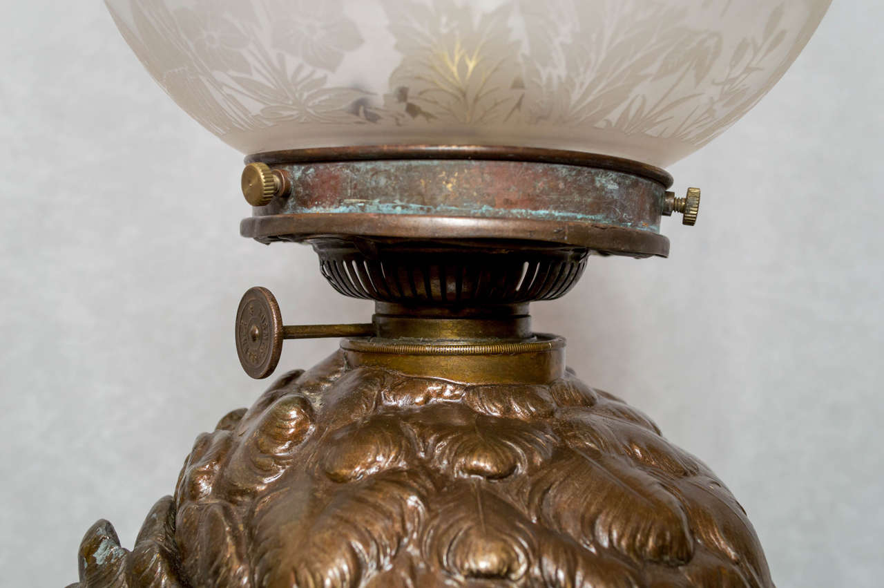 Metal American Victorian Kerosene Figural Table Lamp, Cockatoo on Turtle
