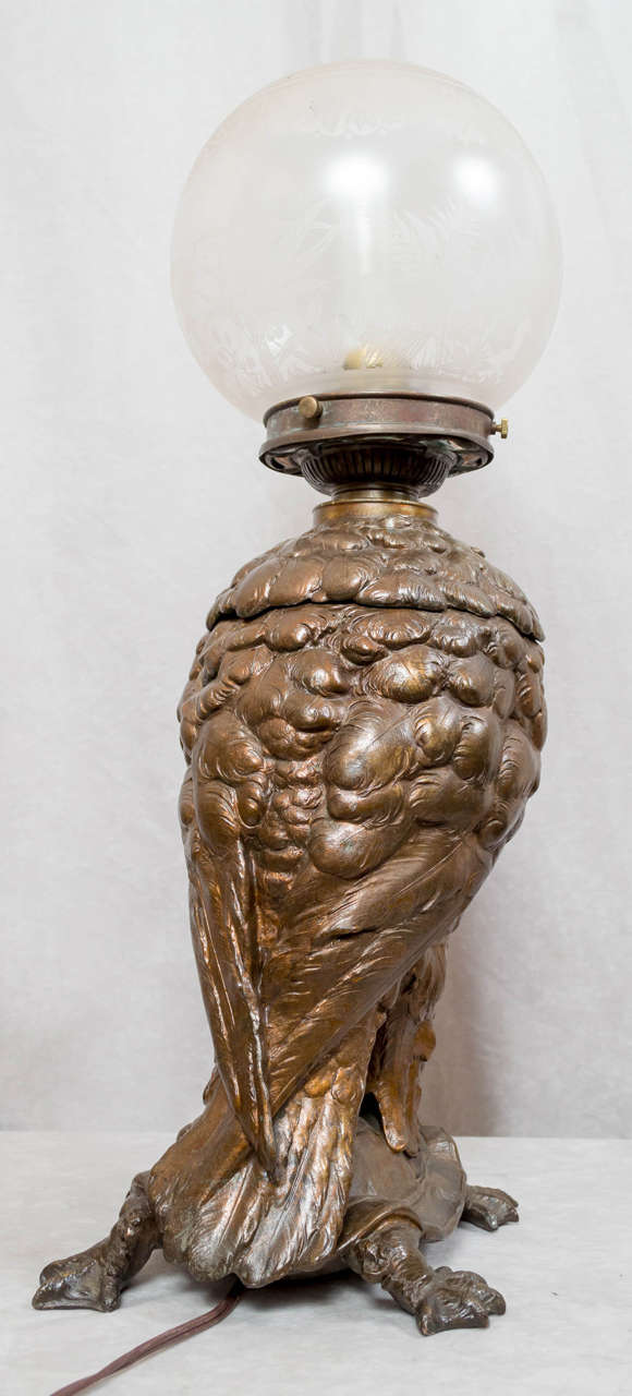 American Victorian Kerosene Figural Table Lamp, Cockatoo on Turtle 1